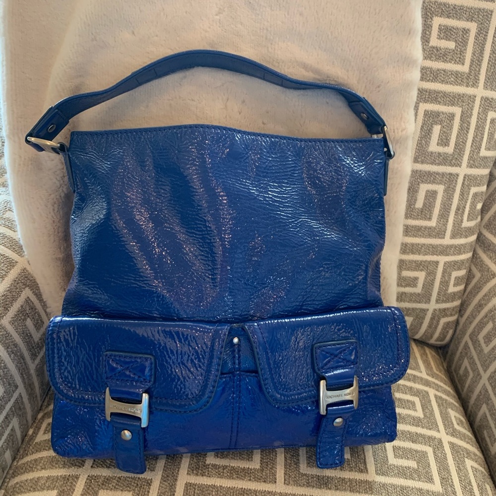 Michael Kors blue patent leather Ranger bag